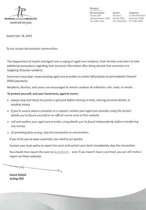 Letter to community aged care scammers signed